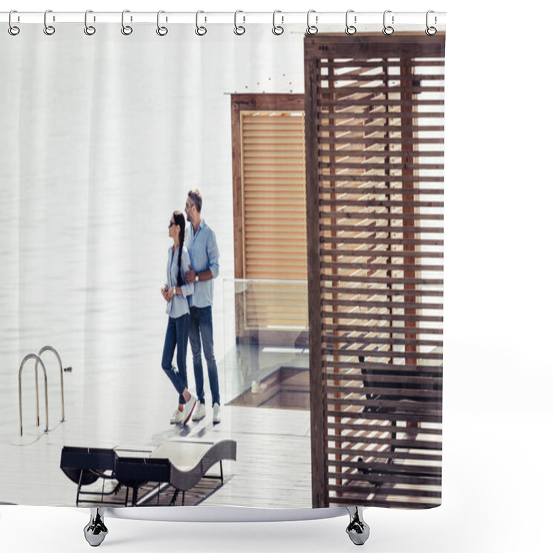 Personality  Stylish Couple Standing On Pier Near Lake At Country House  Shower Curtains