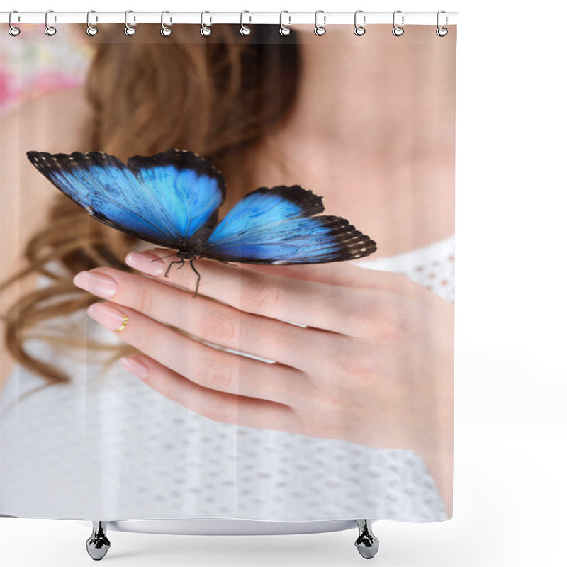 Personality  Cropped Shot Of Woman With Blue Butterfly On Hand Shower Curtains