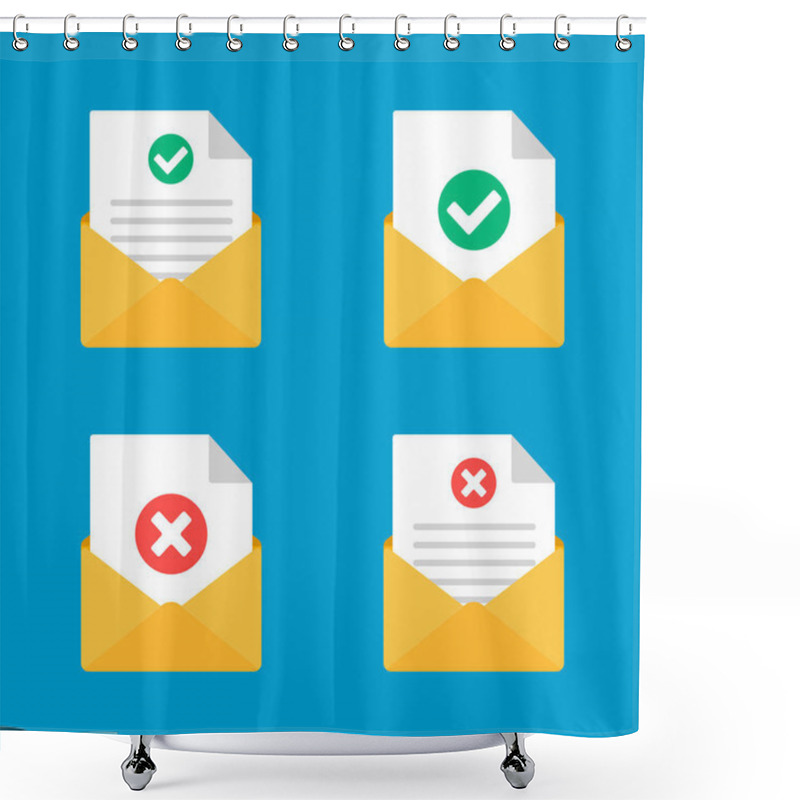 Personality  Envelope With Document Paper Sheet  Page Check Mark Tick And Cross Text Icon Sign Vector Illustration Set. Symbol Of Email Delivery, Verification Flat Design Concept Isolated On Blue Background. Shower Curtains