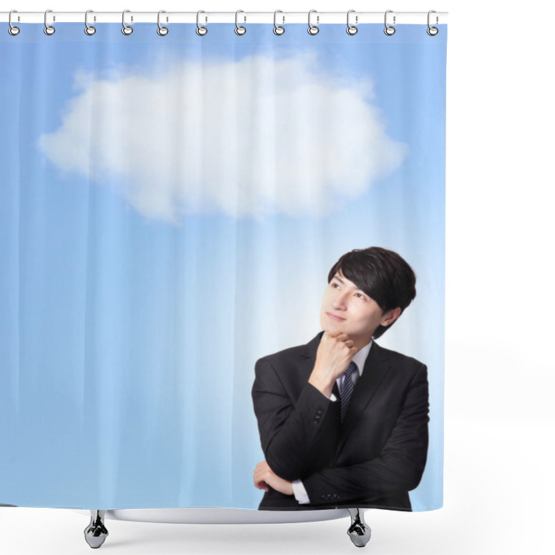 Personality  Business Man Thinking With Cloudy Sky Background Shower Curtains