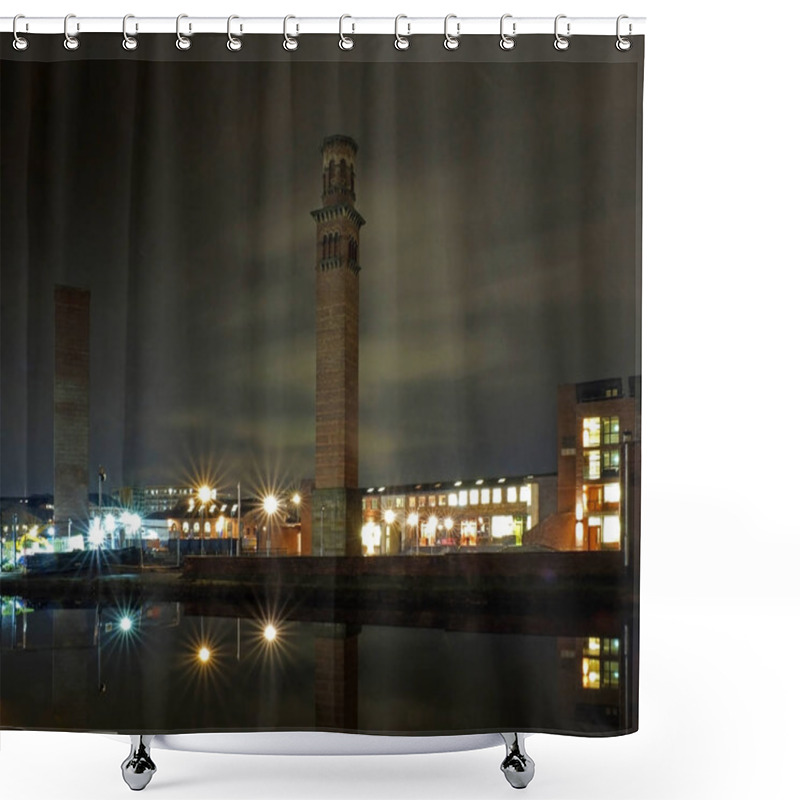 Personality  Cityscape View Of Holbeck In South Leeds Showing The Historic Tower Works At Night With Office Building And Lights Reflected In The Canal Shower Curtains