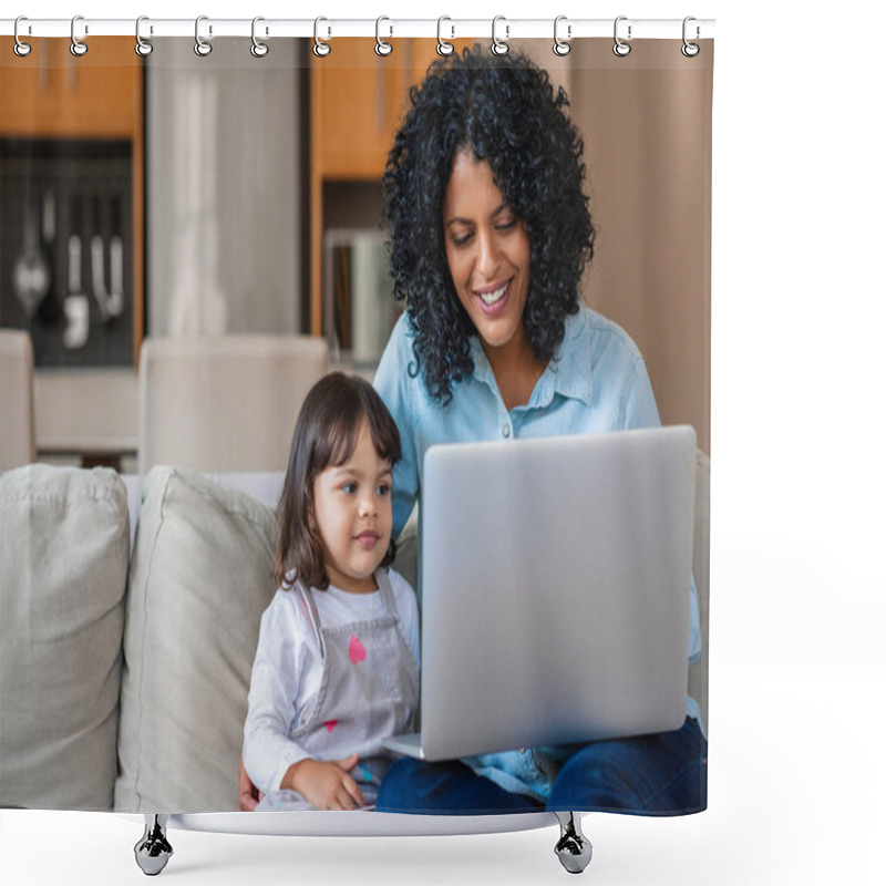 Personality  Smiling Mother And Her Cute Little Daughter Watching Something Together On A Laptop While Sitting On Their Living Room Sofa Shower Curtains