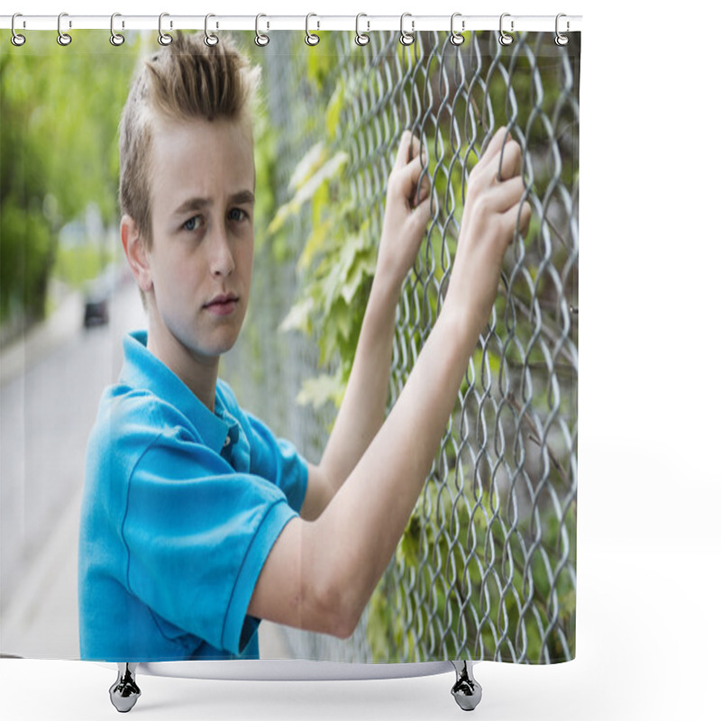 Personality  Young Teen Boy Looking Out Of A Fence Shower Curtains