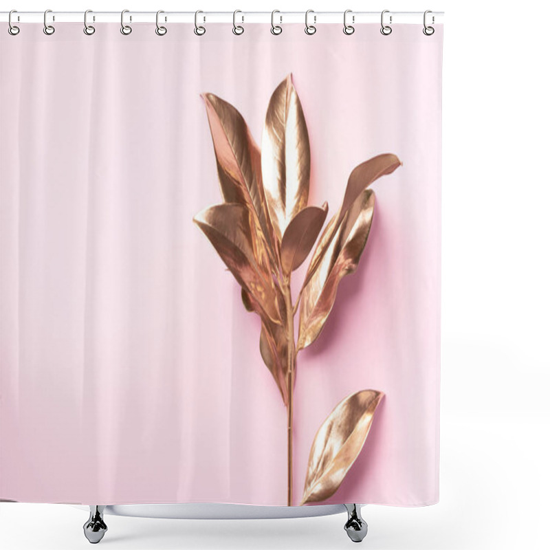 Personality  Floral Minimal Style Concept. Exotic Summer Trend. Golden Tropical Leaves And Branch On Pastel Pink Color Background. Shiny And Sparkle Design, Fashion Concept. Shower Curtains