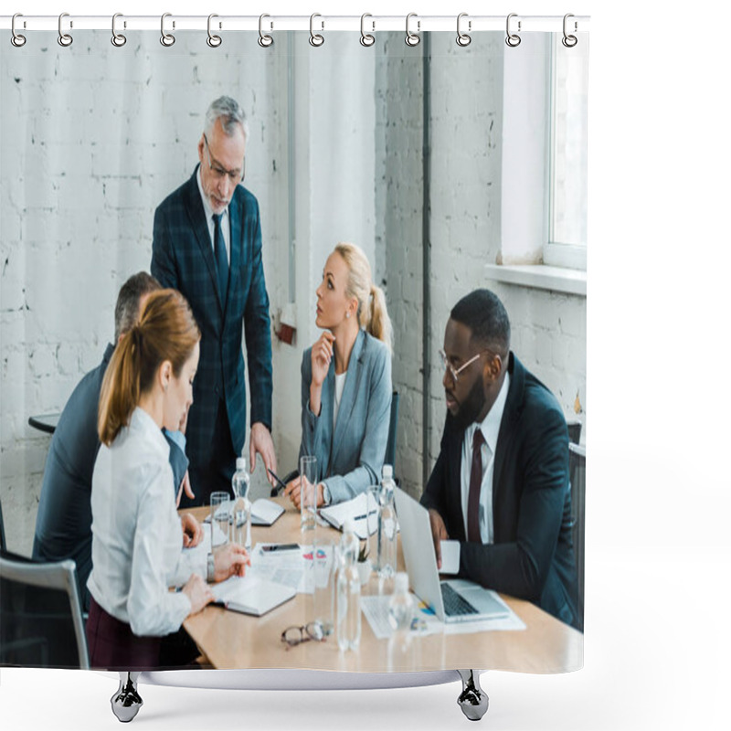 Personality  Business Coach In Formal Wear Standing Near Multicultural Coworkers On Meeting Shower Curtains