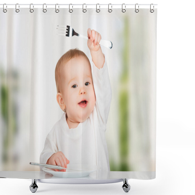 Personality  Funny Baby With A Knife And Fork Eating Food Shower Curtains