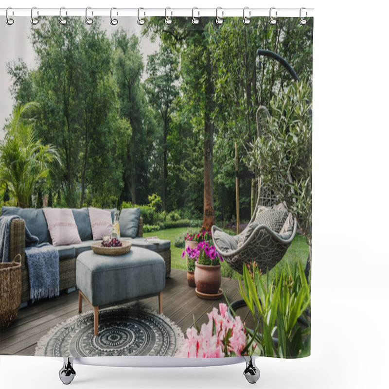 Personality  Classy Furniture On Wooden Terrace In Green Beautiful Garden Shower Curtains