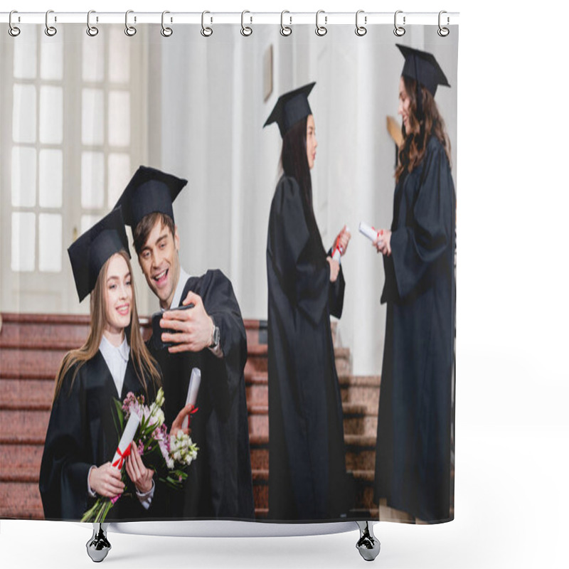 Personality  Selective Focus Of Handsome Man And Girl With Flowers Taking Selfie Near Students In Graduation Gowns  Shower Curtains