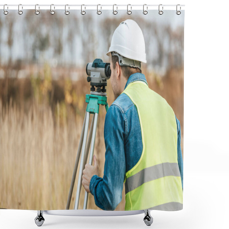 Personality  Surveyor Looking Through Digital Level In Field Shower Curtains