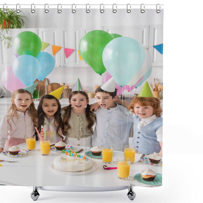 Personality  Group Of Children Singing Happy Birthday Song Next To Cupcakes And Balloons  Shower Curtains