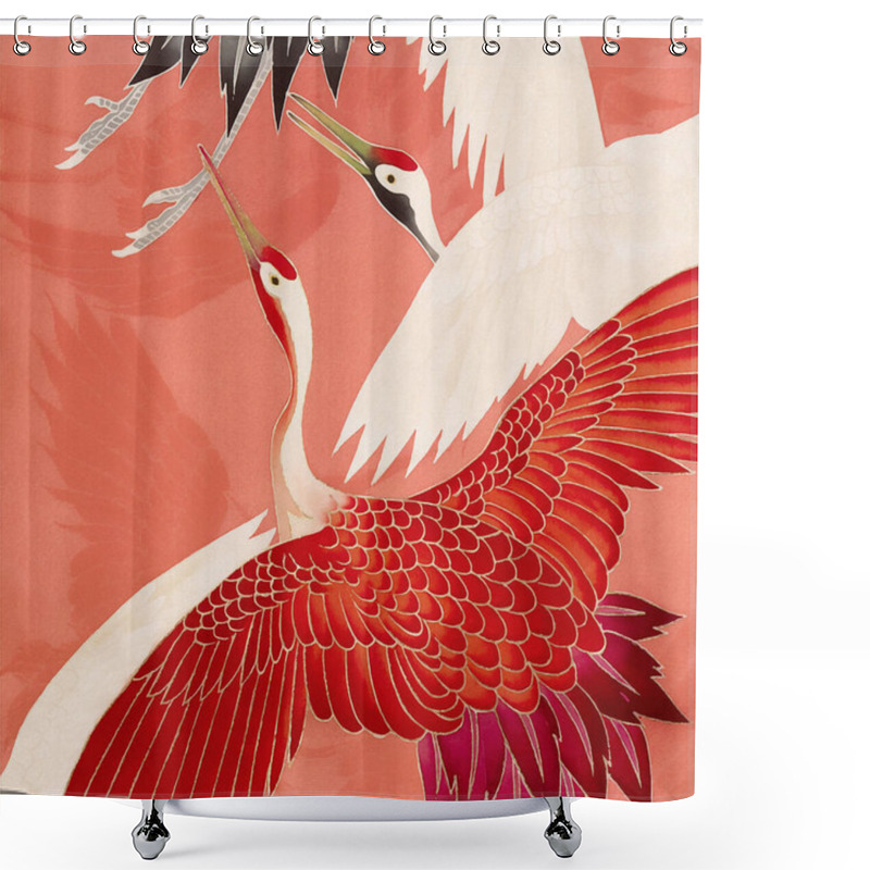 Personality  Japanese Cranes. White And Red Cranes Flying Over A Vibrant And Warm Background In Shades Of Red And Peach. An Exquisite Composition In The Japanese Style. Shower Curtains