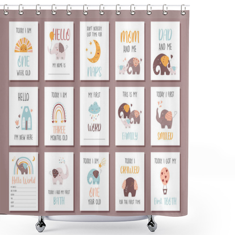 Personality  Baby First Year Milestone Cards. Cute Cartoon Bohemian Nursery Print. Boho Vector Print For Baby. Cute Cards With Sun, Rainbow, Cloud, Moon, Elephant, Star, House. Vector Illustration Shower Curtains