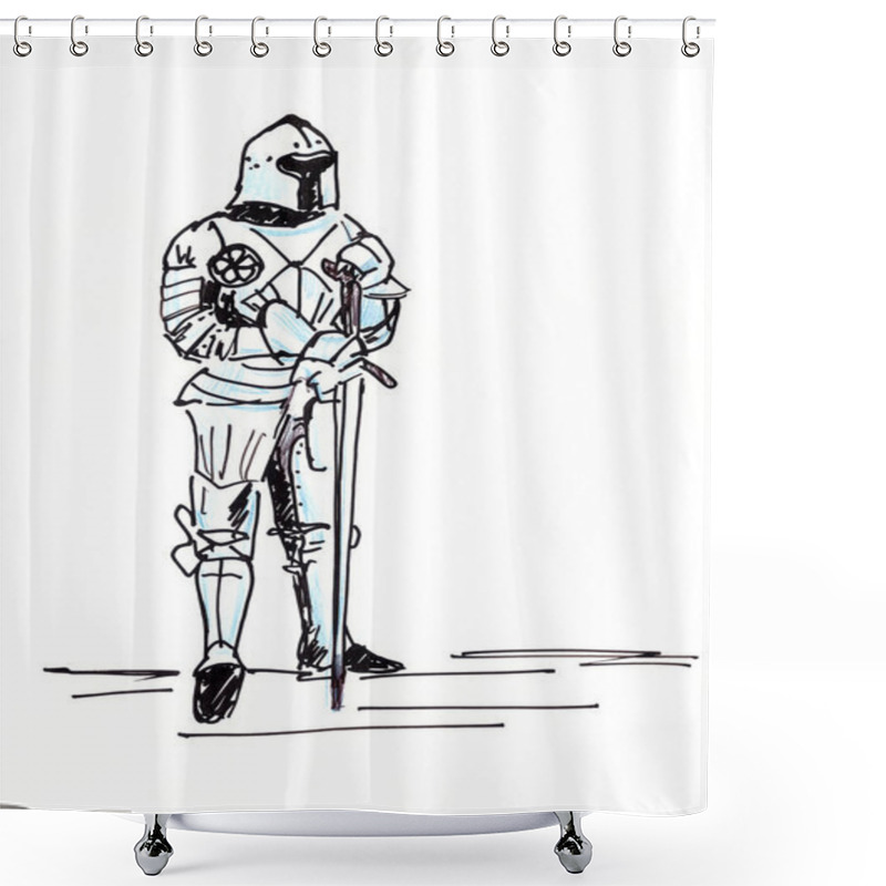 Personality  Graphic Drawing Of A Knight With A Sword In Armor On White Background Shower Curtains