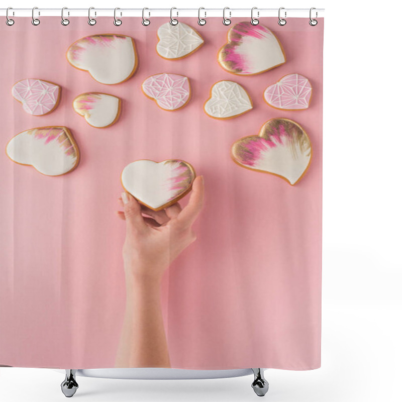 Personality  Partial View Of Woman Holding Glazed Cookie In Hand Isolated On Pink, St Valentines Day Concept Shower Curtains