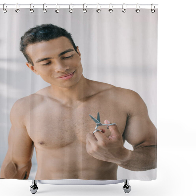 Personality  Muscular Mixed Race Man Holding Scissors And Smiling While Looking On It Shower Curtains