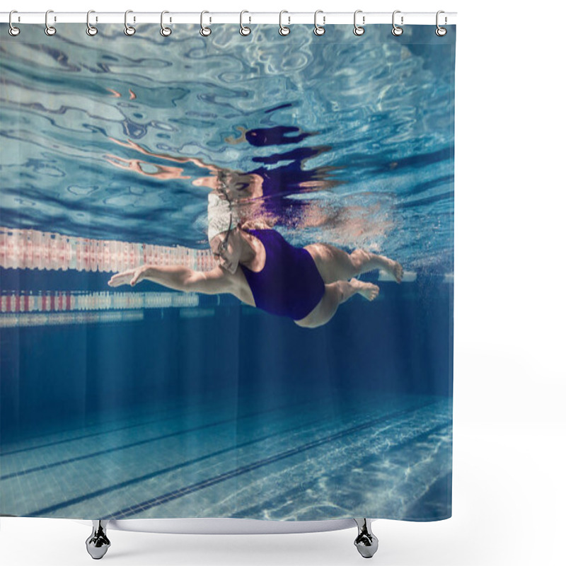 Personality  Underwater Picture Of Female Swimmer In Swimming Suit And Goggles Training In Swimming Pool Shower Curtains