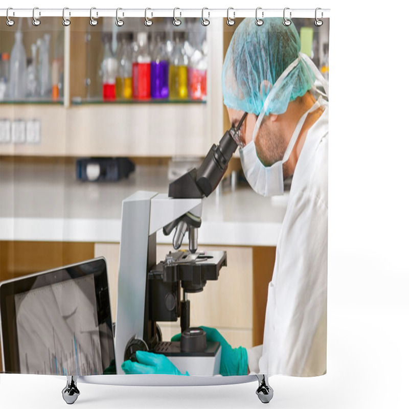 Personality  Scientist Using A Computer And Microscope.  Shower Curtains