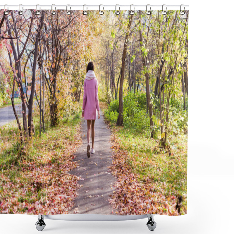 Personality  Portrait Of A Young Beautiful Brunette Woman On The Street, Autumn Afternoon In Warm Seasonal Clothes, Women's Urban Street Fashion, Warm Colors Shower Curtains