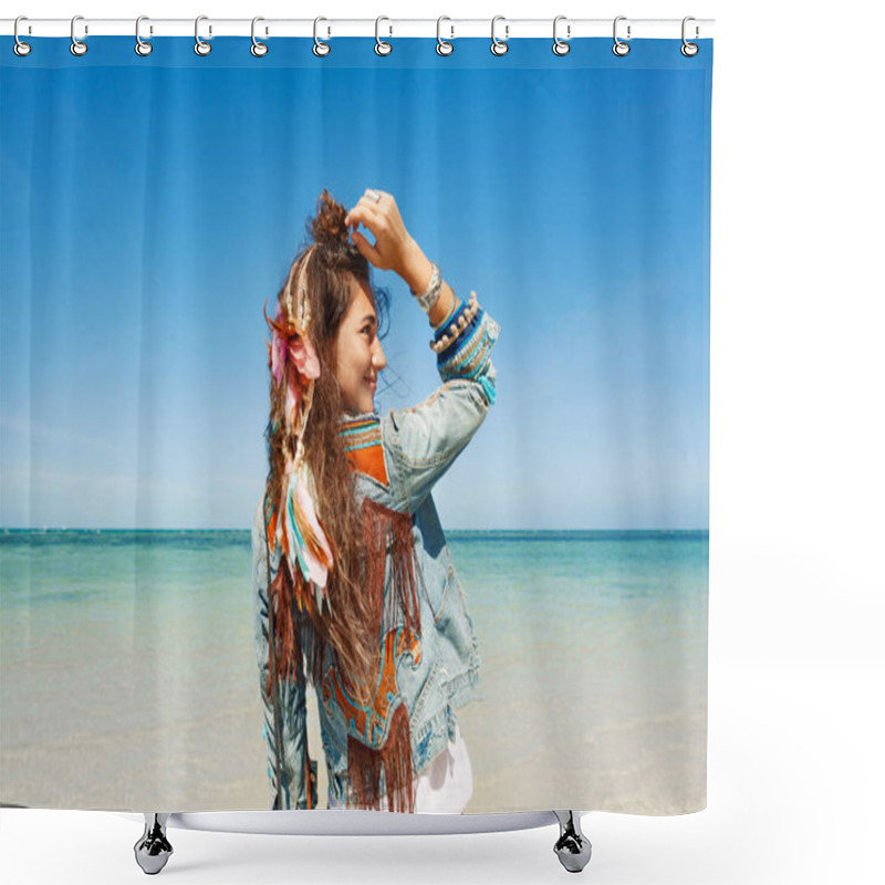 Personality  Stylish Young Woman Posing At Majestic Nature Background Shower Curtains