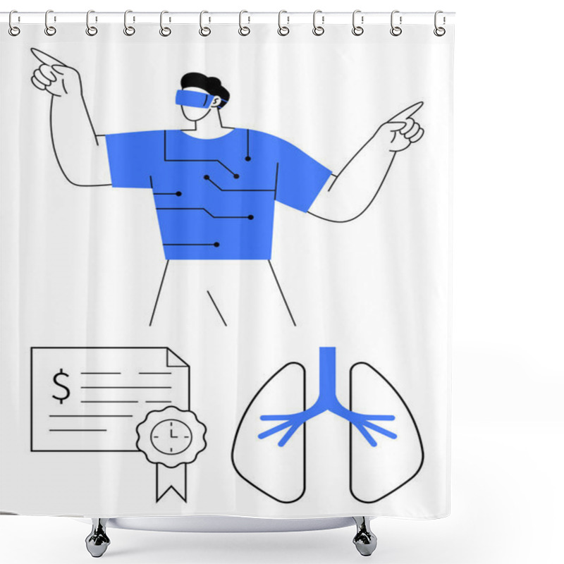 Personality  Man Wearing VR Headset, Pointing Upwards, Circuit-patterned Shirt, Next To A Certificate With Ribbon, Clock, And Simplified Lungs Diagram. Ideal For Telemedicine, Healthcare Innovation, Medical Shower Curtains