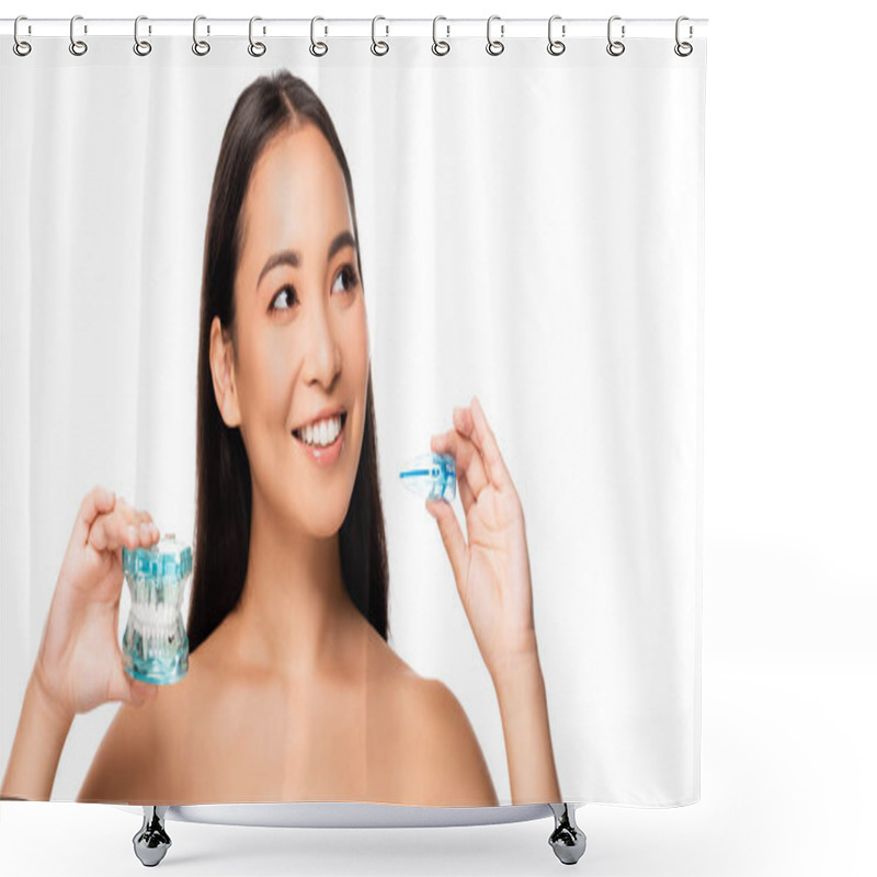 Personality  Naked Smiling Asian Woman Holding Jaw Model And Mouth Guard Isolated On White Shower Curtains