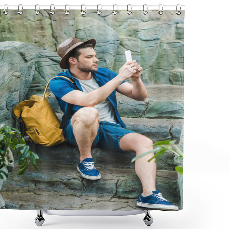 Personality  Handsome Young Man Taking Photo With Smartphone While Sitting On Stone Staircase Shower Curtains