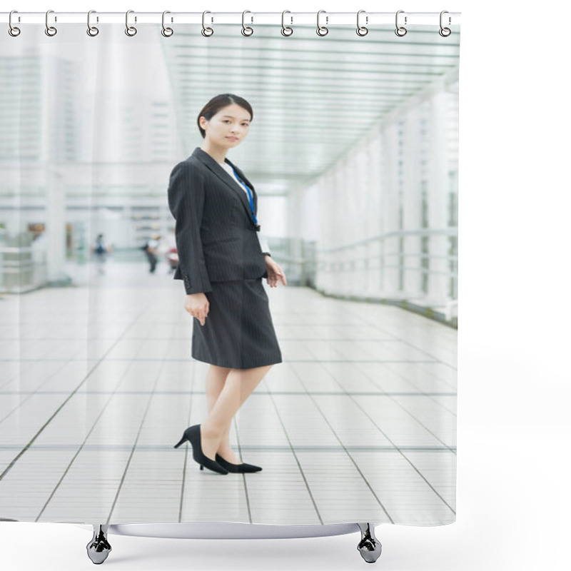 Personality  Portrait Of A Smiling Asian Young Business Woman Wearing A Suit Shower Curtains