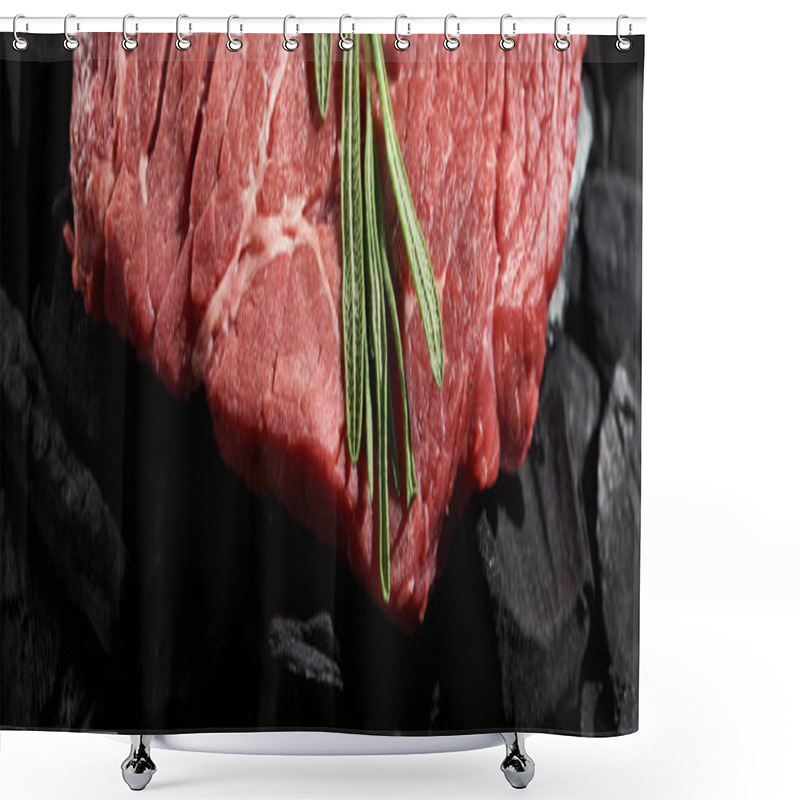 Personality  Panoramic Shot Of Raw Beef Steak With Fresh Rosemary Sprig On Coal Pieces Shower Curtains