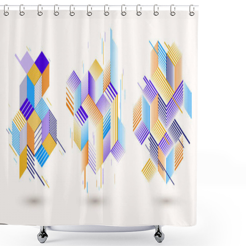 Personality  Line Design 3D Cubes And Triangles Abstract Backgrounds Set, Polygonal Low Poly Isometric Retro Style Templates. Stripy Graphic Elements Isolated. Templates For Posters Or Banners, Covers Or Ads. Shower Curtains