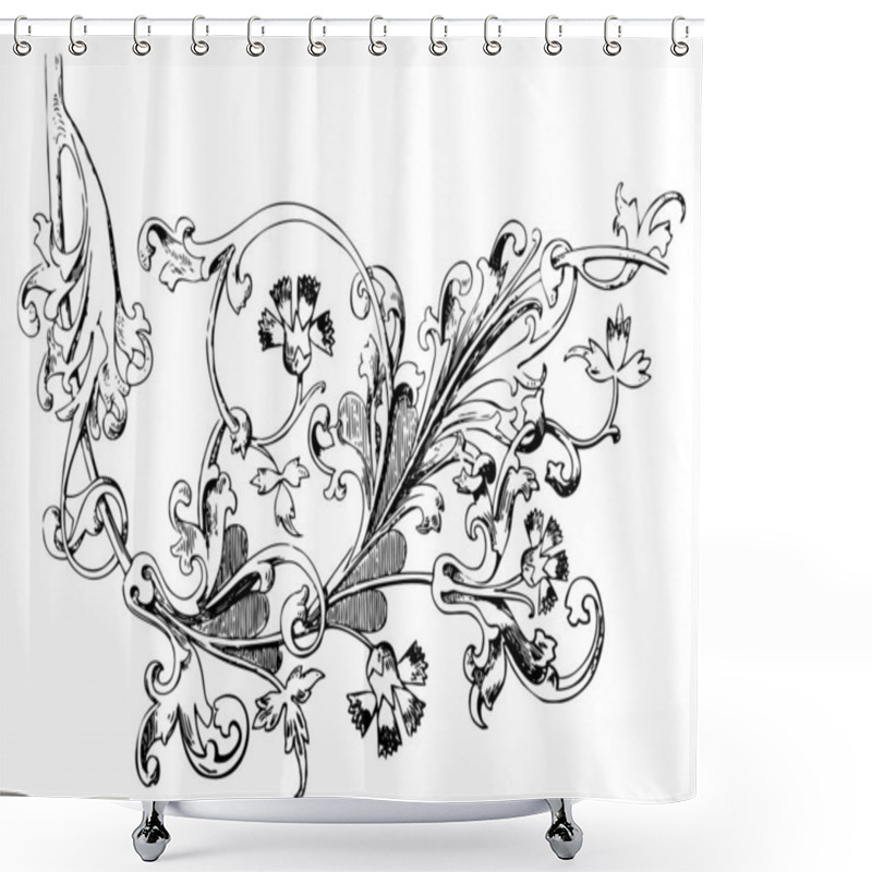 Personality  Hand Drawn Illustration Of Twig With Flowers And Leaves Baroque Vector. Cornflowers. Vegetal Ornament. Black And White Colors Shower Curtains