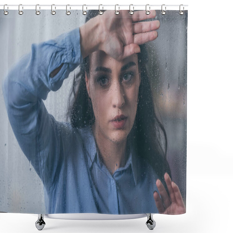 Personality  Beautiful Upset Woman Looking Away And Touching Window With Raindrops Shower Curtains