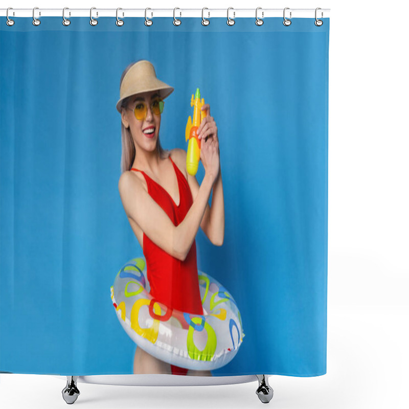 Personality  Positive Girl In Swimsuit Playing With Water Gun Shower Curtains