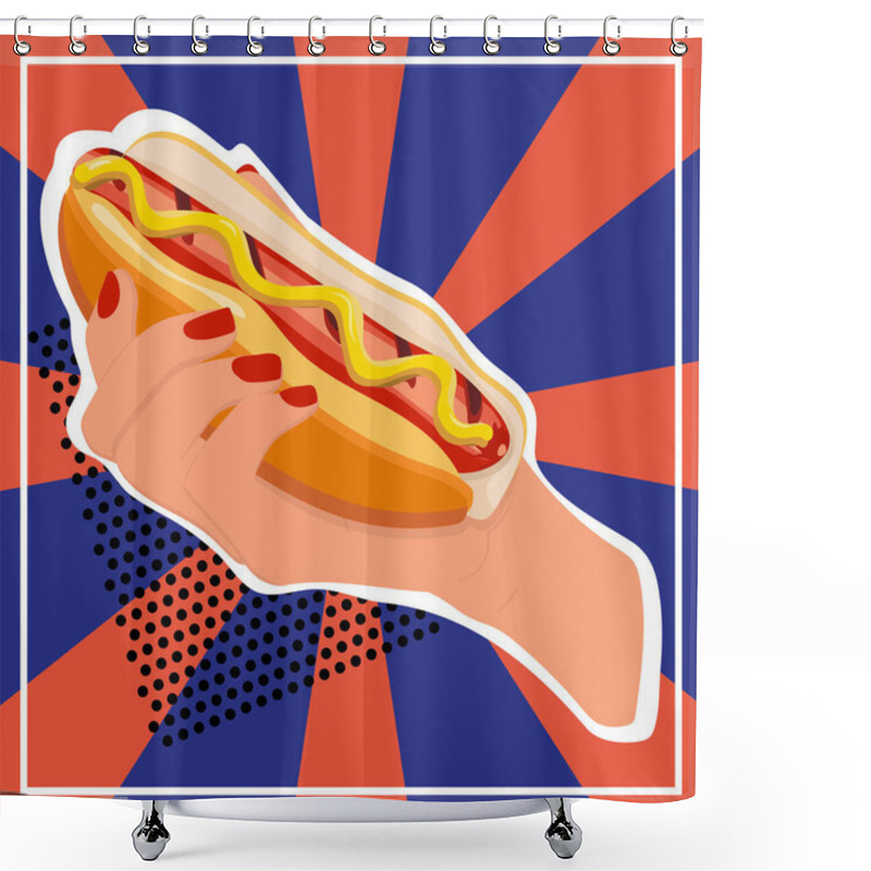 Personality  Stock Vector Illustration Of Hot Dog In The Woman Hand Isolated On Dynamic Blue And Red Background. Delicious Fast Food Best Choice Poster Template. All It Needs Is - Text About Price, Special Offers. Shower Curtains