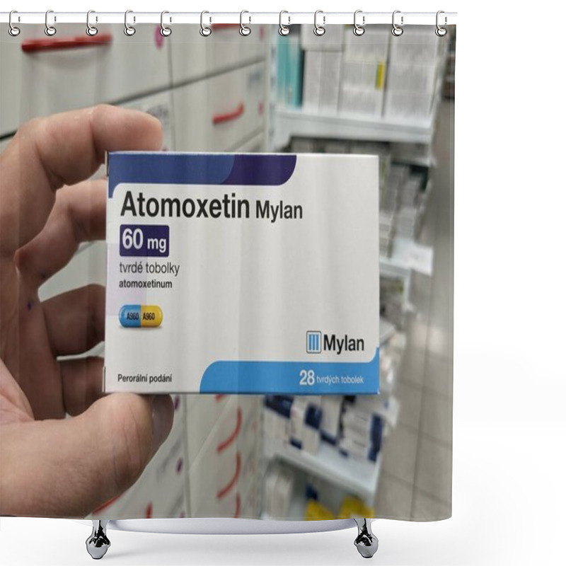 Personality  Prague, Czech Republic - July 9 2024: Atomoxetin Mylan Box Of Medication With Atomoxetine Active Substance By Mylan, Used For Treatment Of ADHD, Attention Deficit Hyperactivity Disorder, Impulse Contr Shower Curtains