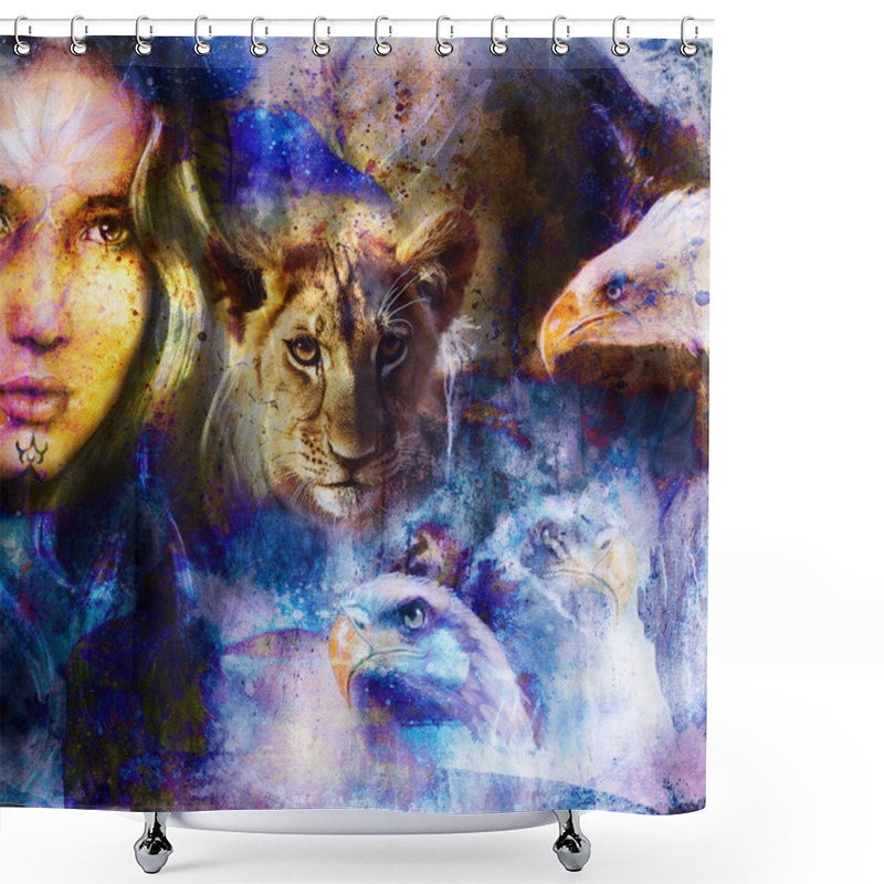 Personality  Lion Cub And Woman With Eagles Abstract Collage. Eye Contact. Abstract Structure Background. Shower Curtains