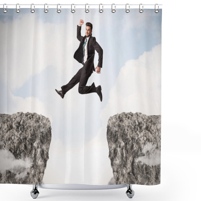 Personality  Funny Business Man Jumping Over Rocks With Gap Shower Curtains