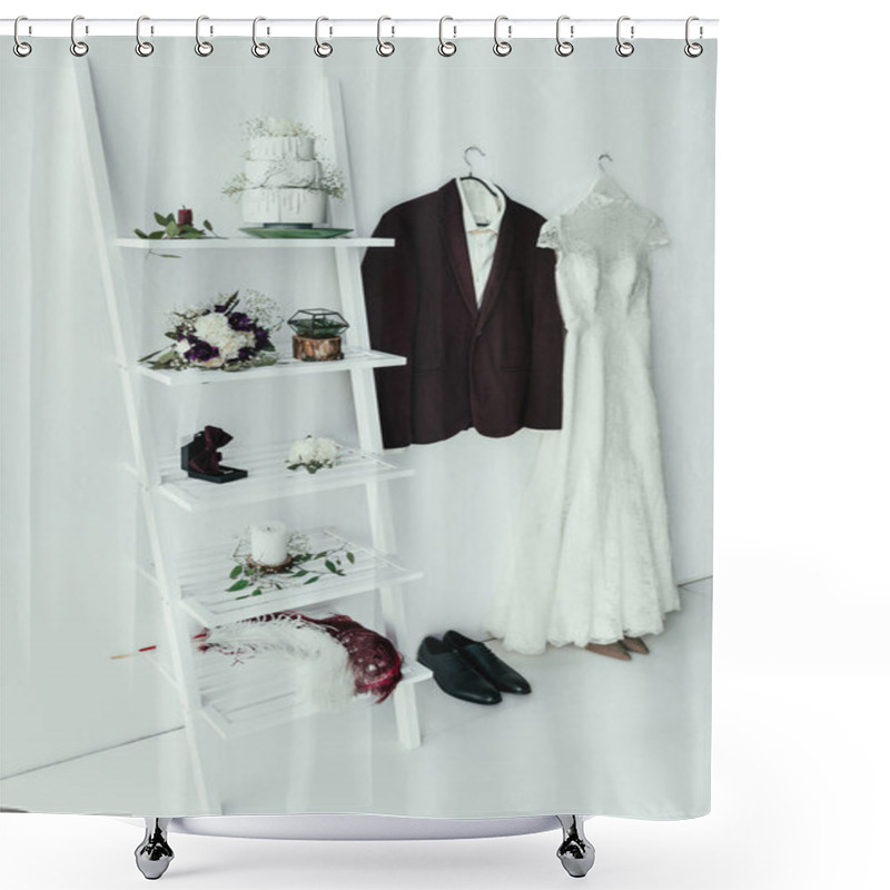 Personality  Close Up View Of Bridal And Grooms Clothing And Accessories For Rustic Wedding In Room Shower Curtains