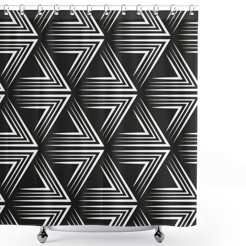 Personality  Black And White Modern Ethnic Style. Geometric Composition Of Striped White Triangles On A Black Background. Linear Texture With Thin Lines. Seamless Repeating Pattern. Vector Illustration. Shower Curtains