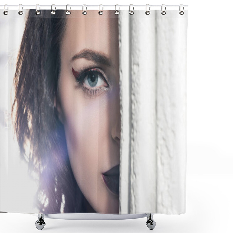 Personality  Cropped Image Of Beautiful Girl Standing Behind Column And Looking At Camera Shower Curtains