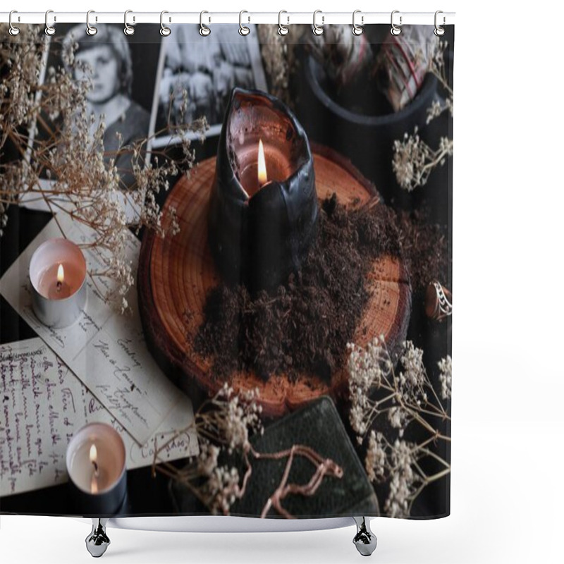 Personality  Spell Casting On Samhain (Halloween) To Contact Spirits Of Dead Relatives. Dark And Mysterious Wiccan Witch Altar Filled With Vintage Postcards, Photos, Memorabilia, Burning Candles, Dirt, Black Earth Shower Curtains