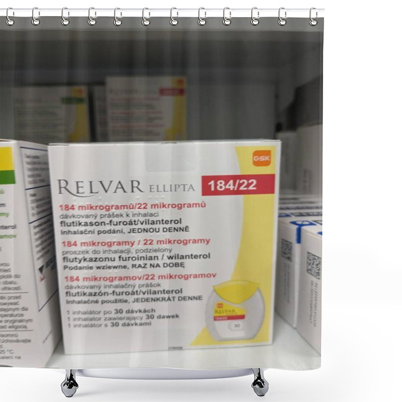 Personality  Prague, Czech Republic-August 15 2024: RELVAR Box Of Inhalers With FLUTICASONE And VILANTEROL Active Substances By GSK Used For The Treatment Of Asthma And COPD. Shower Curtains