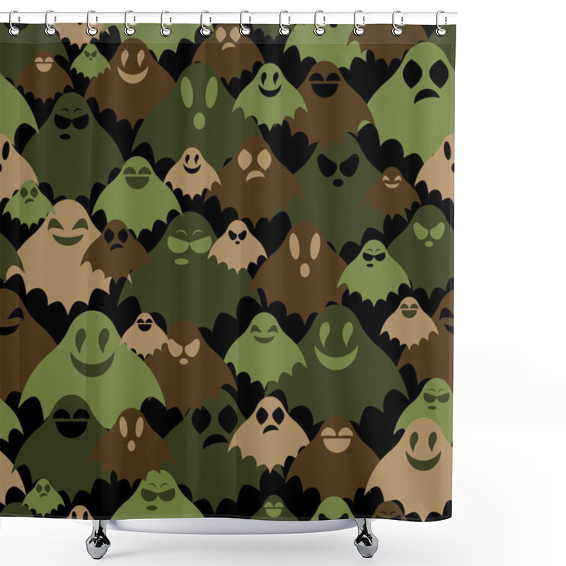 Personality  Rows Of Green, Black And Brown Ghosts With Various Faces, Camouflage Khaki Vector Seamless Background For Army. Shower Curtains