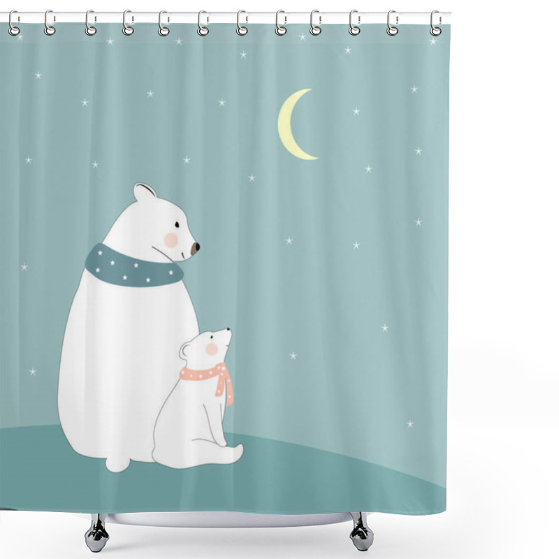 Personality  Cute Polar Bear Mommy And Child Looking At Crescent Moon And Star,Happy Family Dad Bear And Cub Siting Together,Greeting Card For Baby Shower, Kid Birthday,Mother Day Or Father Day Shower Curtains