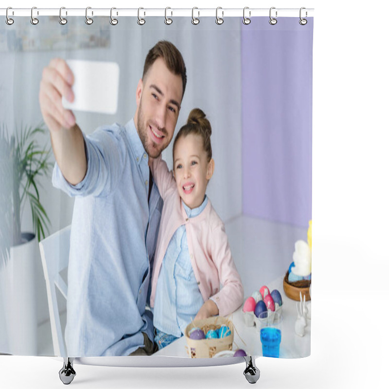 Personality  Young Father And Daughter Taking Selfie While Painting Eggs For Easter Shower Curtains