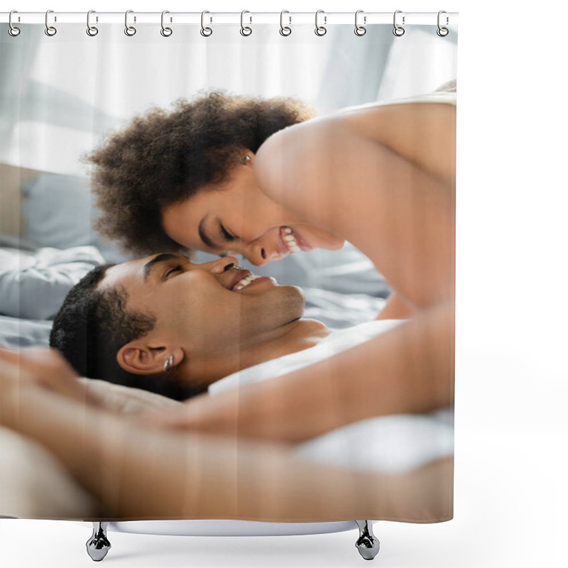 Personality  Cheerful African American Woman Smiling Over Happy Boyfriend On Bed Shower Curtains