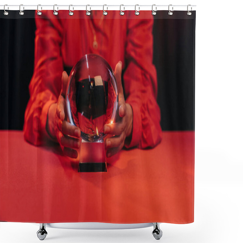 Personality  Partial View Of Blurred Wizard Near Crystal Ball Isolated On Black Shower Curtains