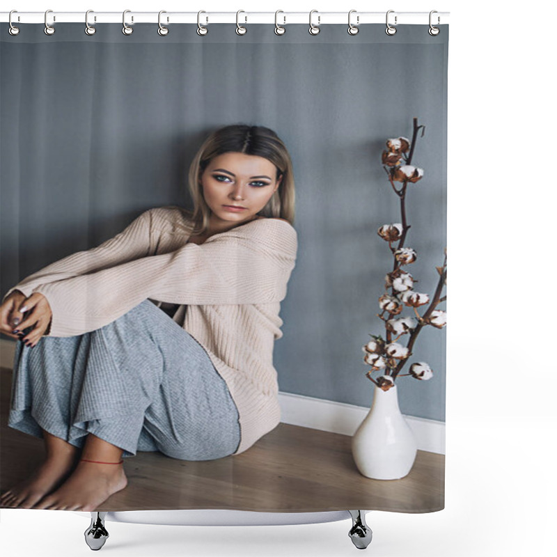 Personality  Beautiful White Stylish Woman In Cozy Scandinavian Interrior At Home, Portrait Of The Beautiful Girl, Fashion Portraits, Stylish Woman Shower Curtains