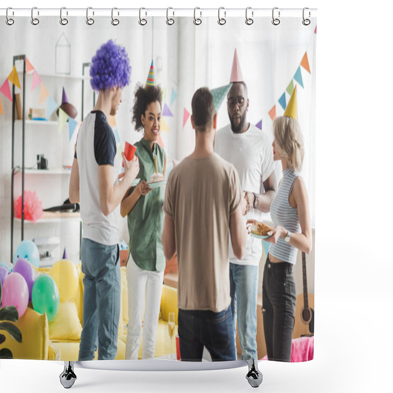 Personality  Multiracial Friends Celebrating Birthday With Drinks In Decorated Room Shower Curtains