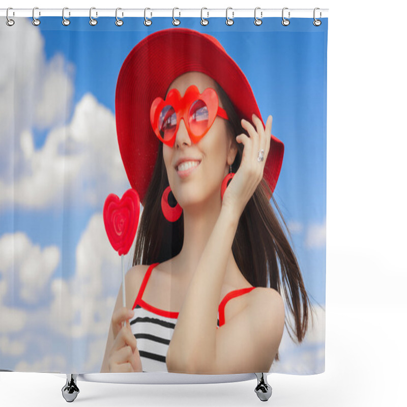 Personality  Beautiful Girl With Heart Sunglasses And, Lollipop And A Straw Hat On Blue Sky Shower Curtains