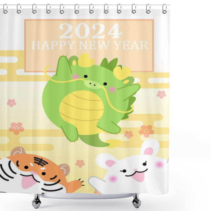 Personality  Wishing A Happy Lunar New Year 2024 Cute Greetings Card Vector With Dragon Tiger And Bunny. Cute Baby Zodiac Animals For Chinese New Year Of The Dragon 2024, Lunar New Year, Spring Festival In Asia. Shower Curtains